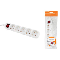 Удлинитель бытовой с выключателем, 5 гнезд с заземлением, ПВС3х1.0 - 5м, 16A, 250V, IP20 / белый TDM У03В