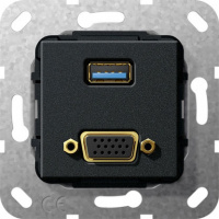 Разъем USB 3.0 тип A + VGA, разветвительный кабель Gira System-55 Черный матовый