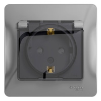 Розетка с заземлением с защитными шторками с крышкой в сборе с рамкой IP44 Systeme Electric Glossa Алюминий
