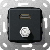 Разъем HDMI High Speed with Ethernet + гнездо SAT F инвертирующий адаптер Gira System-55 Черный матовый