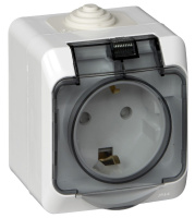 Розетка 1-ая с заземлением с защитными шторками с крышкой накладного монтажа IP44 SE Этюд Белый