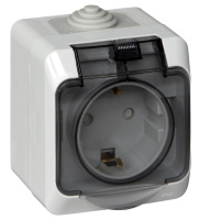 Розетка 1-ая с заземлением с защитными шторками с крышкой накладного монтажа IP44 SE Этюд Серый