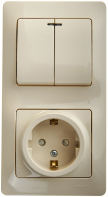 Блок: Розетка с заземлением со шторками + 2-клавишный выключатель с подсветкой Systeme Electric Glossa Бежевый Systeme Electric Glossa GSL000275