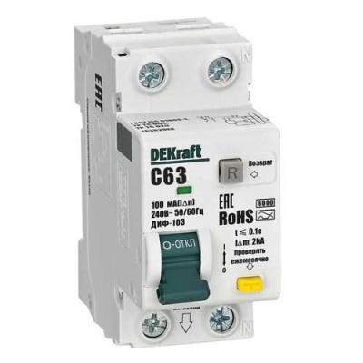 DEKraft ДИФ-103 Дифавтомат 1P+N 63А 100мА A C 6кА DEKraft ДИФ-103 16362DEK