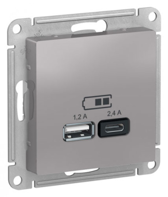 Розетка USB  A+С 5В/2,4А 2х5В/1,2А механизм Schneider Electric AtlasDesign Алюминий Systeme Electric AtlasDesign ATN000339
