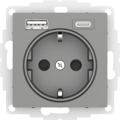 Розетка 16А c 2 USB A+C 5В/2,4А/3,0А 2х5В/1,5А механизм Schneider Electric AtlasDesign Сталь Systeme Electric AtlasDesign ATN000932