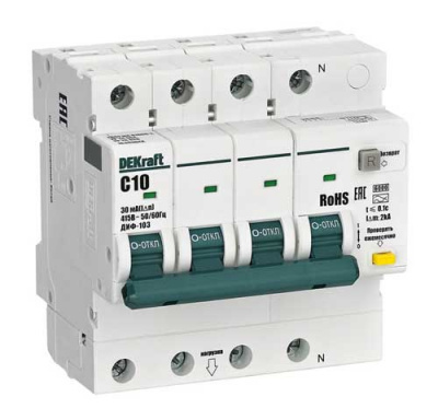DEKraft ДИФ-103 Дифавтомат 3P+N 10А 30мА AC C 6кА DEKraft ДИФ-103 16400DEK
