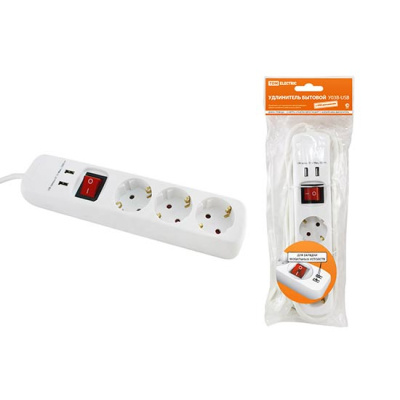 Удлинитель бытовой с выключателем, 3 гнезда с заземлением, 2 USB разъема, ПВС3х1.0 - 1.5м, 16A, 250V, IP20 / белый TDM У03В-USB TDM ELECTRIC  SQ1303-0301