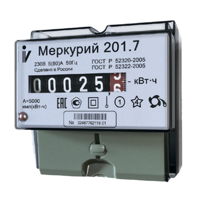 Счетчик 1Ф 1T min 5A/max 60A 230V класс 1 Меркурий 201.7 Меркурий 201 201.7