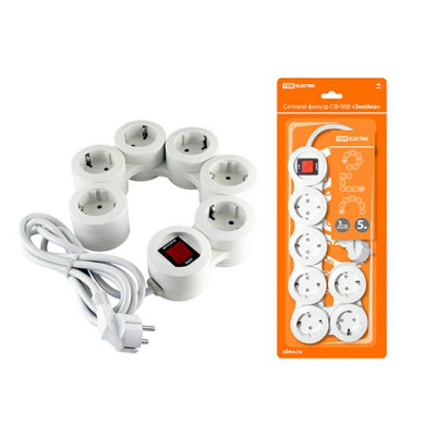 Фильтр сетевой с выключателем, 6 гнезд с заземлением, ПВС3х1.0 - 5м, 16A, 250V, IP20 / черный TDM СФ-06В "Змейка" TDM ELECTRIC  SQ1304-0203