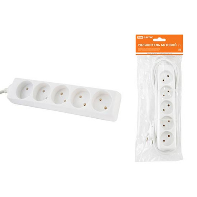 Удлинитель бытовой, 5 гнезд без заземления, ПВС2х0.75 - 5м, 10A, 250V, IP20 / белый TDM У5 TDM ELECTRIC  SQ1303-0222
