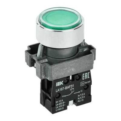 Кнопка LA167-BAF31 d=22мм 1з зеленая IEK IEK LA167 BBT20-BAF31-1-22-67-K06
