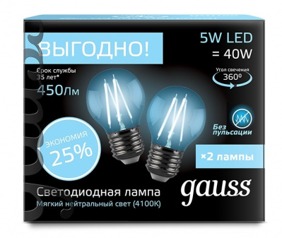 Лампа светодиодная филаментная Е27 150-265В 5Вт 4100К упак 2шт Gauss Gauss Filament 105802205P