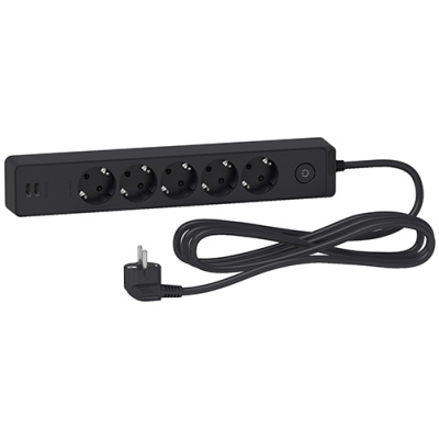 Unica EXTEND Удлинитель 5 розеток 2к+з, кабель 3м, 2 usb, чёрный Schneider Electric Schneider Electric  ST945U3B