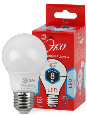 Лампа светодиодная грушевидная E27 220-240В 8Вт 4000К ЭРА ЭРА Эко ECO LED A55-8W-840-E27