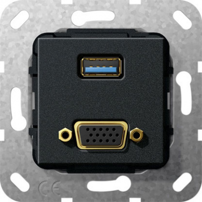 Разъем USB 3.0 тип A + VGA, инвертирующий адаптер Gira System-55 Черный матовый Gira System 55 568810Gira