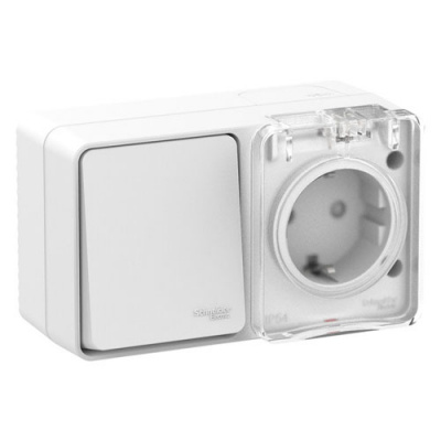 Блок: Розетка с/з со шторками + выключатель 1-клавишный 10А IP54 Schneider Electric AtlasDesign Profi54 Белый Systeme Electric AtlasDesign Profi54 ATN540170