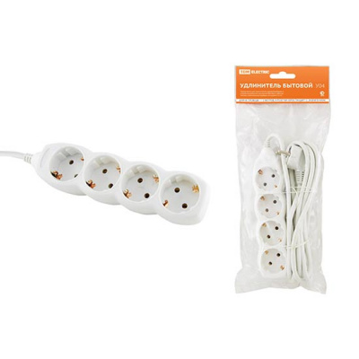 Удлинитель бытовой, 4 гнезда с заземлением, ПВС3х1.0 - 5м, 16A, 250V, IP20 / белый TDM У03 TDM ELECTRIC  SQ1303-0012