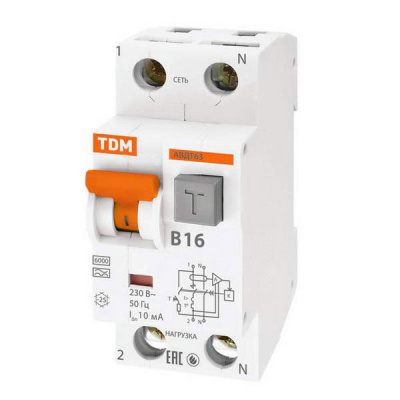 Дифференциальный автомат 1P+N 16 (B) 6kA тип A 10mA TDM АВДТ63 TDM ELECTRIC  SQ0202-0009