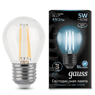 Лампа светодиодная филаментная Е27 150-265В 5Вт 4100К Gauss Gauss Filament 105802205