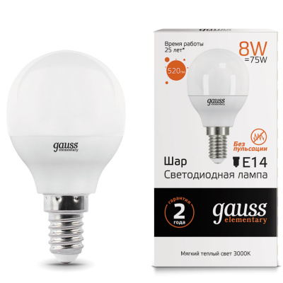 Лампа светодиодная Е14 180-240В 8Вт 3000К Gauss Elementary Gauss Elemrntary 53118