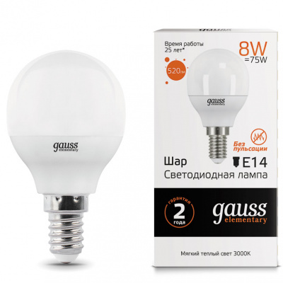 Лампа светодиодная Е14 180-240В 8Вт 3000К Gauss Elementary Gauss Elemrntary 53118