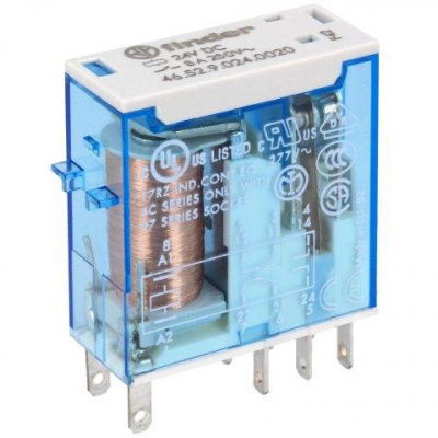 Миниатюрное промышленное электромеханическое реле монтаж в розетку или наконечники Faston 2,5х0,5мм 2СO 8A контакты AgNi катушка 24В DC Finder Finder  46.52.9.024.0020