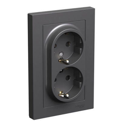 SE AtlasDesign Розетка двойная с заземлением со шторками Базальт 16А в сборе Systeme Electric AtlasDesign ATN001426