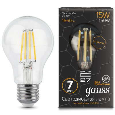 Лампа светодиодная филаментная A60 E27 150-265В 15Вт 2700К Gauss Gauss Filament Graphene 102802115