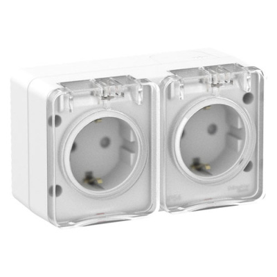Розетка 2-ая с/з со шторками 16А 250B IP54 Schneider Electric AtlasDesign Profi54 Белый Systeme Electric AtlasDesign Profi54 ATN540126