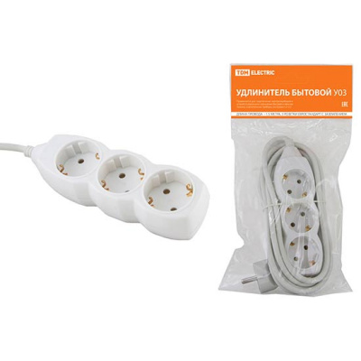 Удлинитель бытовой, 3 гнезда с заземлением, ПВС3х1.0 - 1.5м, 16A, 250V, IP20 / белый TDM У03 TDM ELECTRIC  SQ1303-0000