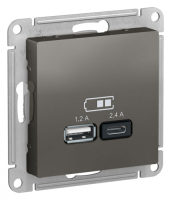 Розетка USB  A+С 5В/2,4 А 2х5В/1,2 А механизм Schneider Electric AtlasDesign Сталь Systeme Electric AtlasDesign ATN000939