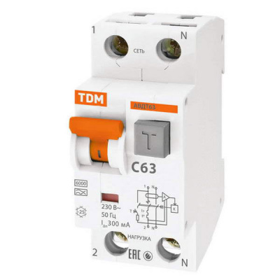 Дифференциальный автомат 1P+N 63 (C) 6kA тип A 300mA TDM АВДТ63 TDM ELECTRIC  SQ0202-0016