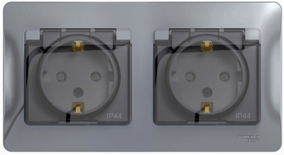 Розетка двойная с заземлением со шторками в сборе IP44 Systeme Electric Glossa Алюминий Systeme Electric Glossa GSL000347