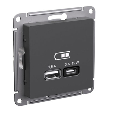 SE AtlasDesign Розетка USB A + тип-C Базальт 45Вт высокоскор.заряд. QC PD механизм Systeme Electric AtlasDesign ATN001429