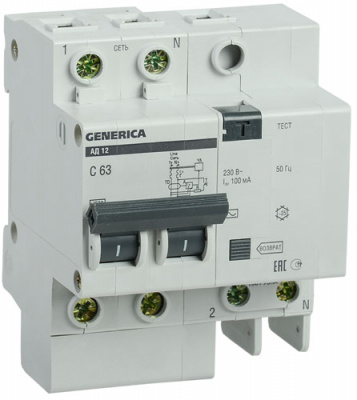 Дифференциальный автомат 2Р 63A (С) 4,5kA тип AC 100mA IEK GENERICA АД12 IEK АД12 GENERICA MAD15-2-063-C-100