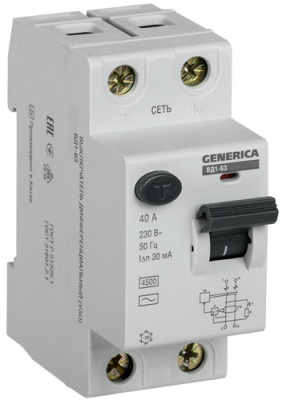 УЗО 2Р 40А 30мА  IEK GENERICA ВД1-63 IEK ВД1-63 GENERICA MDV15-2-040-030