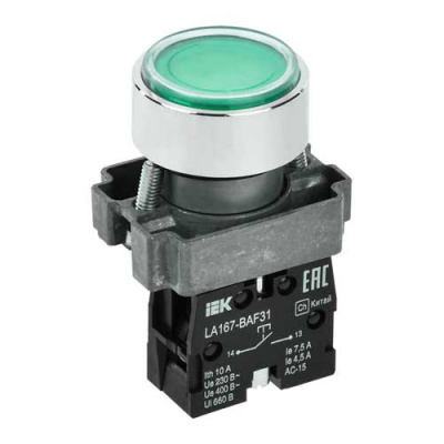 Кнопка LA167-BAF31 d=22мм 1з зеленая IEK IEK LA167 BBT20-BAF31-1-22-67-K06