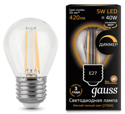 Лампа светодиодная филаментная Е27 185-265В 5Вт 2700К диммируемая Gauss Gauss Filament 105802105-D