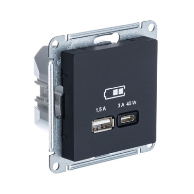 Розетка USB A + тип-C 45W высокоскор.заряд. QC PD механизм Schneider Electric AtlasDesign Карбон Systeme Electric AtlasDesign ATN001029