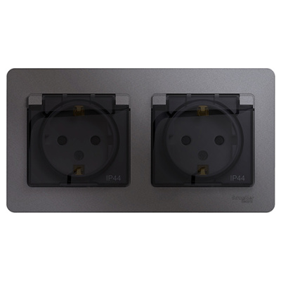 Розетка двойная с заземлением со шторками в сборе IP44 Systeme Electric Glossa Графит Systeme Electric Glossa GSL001347