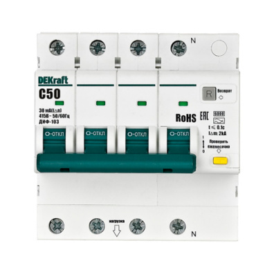 DEKraft ДИФ-103 Дифавтомат 3P+N 50А 30мА AC (C) 6кА DEKraft ДИФ-103 16406DEK