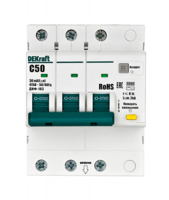 DEKraft ДИФ-103 Дифавтомат 3P 50А 30мА AC (C) 6кА DEKraft ДИФ-103 16379DEK