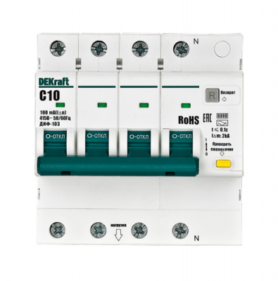 DEKraft ДИФ-103 Дифавтомат 3P+N 10А 100мА A (C) 6кА DEKraft ДИФ-103 16436DEK