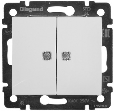 Выключатель 2-клавишный с подсветкой 10A Legrand Valena Белый Legrand Valena 774428