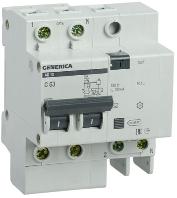 Дифференциальный автомат 2Р 63A (С) 4,5kA тип AC 100mA IEK GENERICA АД12 IEK АД12 GENERICA MAD15-2-063-C-100