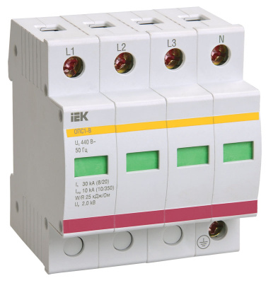 Ограничитель импульсных перенапряжений ОПС1-C 4P In=20kA Un=400B Im=40kA IEK IEK ОПС-1 MOP20-4-C