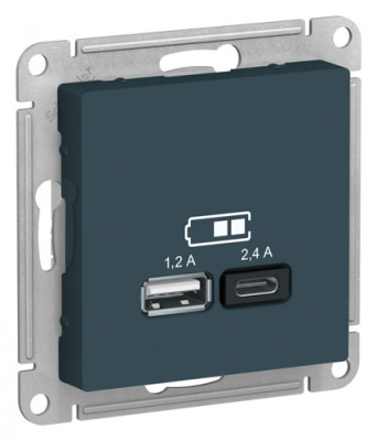 Розетка USB  A+С 5В/2,4 А 2х5В/1,2 А механизм Schneider Electric AtlasDesign Изумруд Systeme Electric AtlasDesign ATN000839