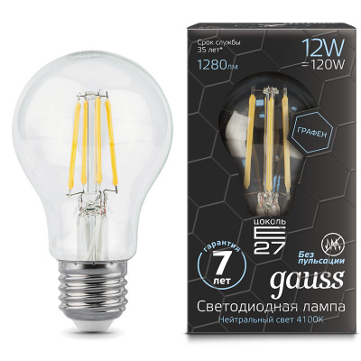 Лампа светодиодная филаментная A60 E27 150-265В 12Вт 4100К Gauss Gauss Filament Graphene 102802212