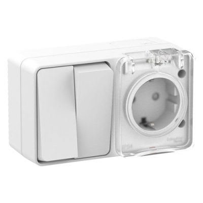 Блок: Розетка с/з со шторками + выключатель 2-клавишный 10А IP54 Schneider Electric AtlasDesign Profi54 Белый Systeme Electric AtlasDesign Profi54 ATN540174